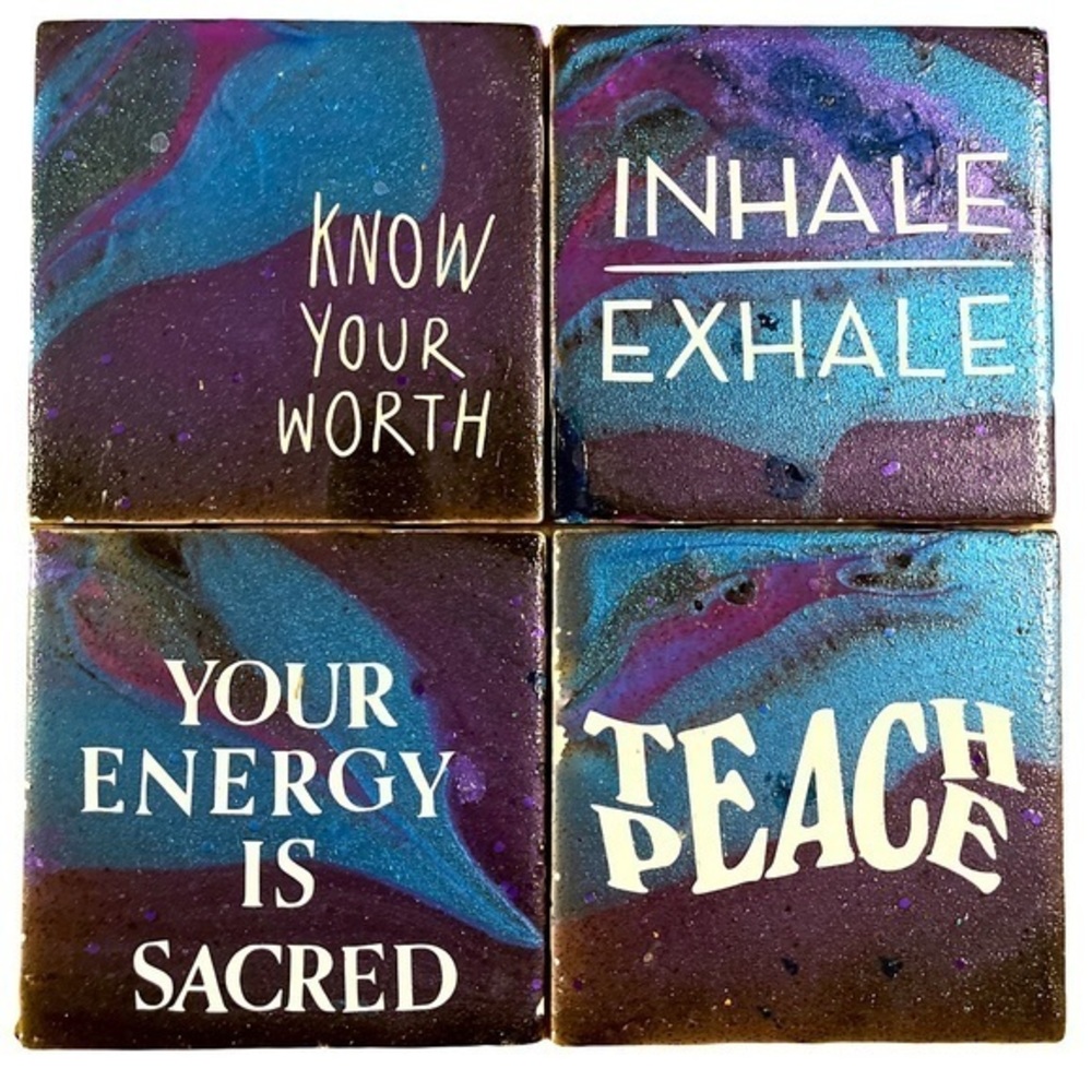 Handcrafted Ceramic Tile Coaster Set | 4 Coasters Set | Pour Paint Art Coasters